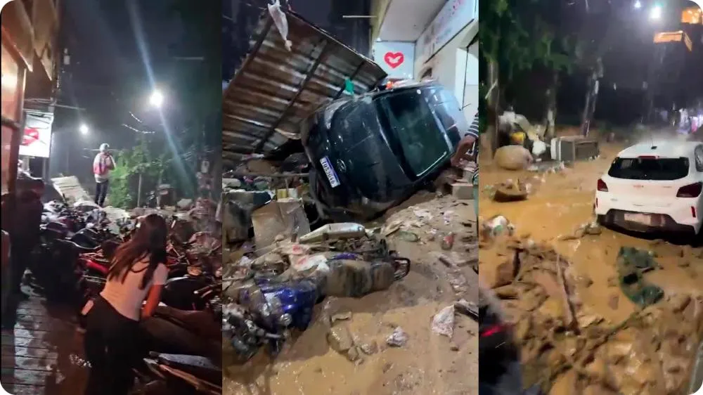 Deslizamento de barranco na Rocinha arrasta carros e deixa ruas cobertas por lixo no RJ